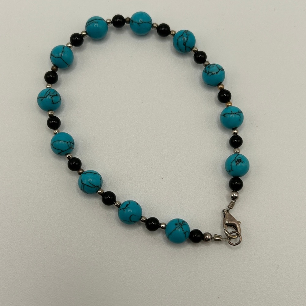 Sterling Silver 925 Faux Turquoise and Black Onyx Beaded Bracelet 7.5 Inch
